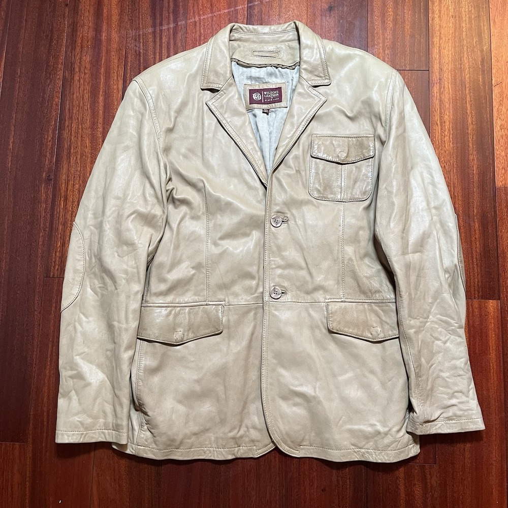 Wilsons Leather Leather Jacket Mens Extra Large Tan ELBOW PATCH Coat Blazer Y2K